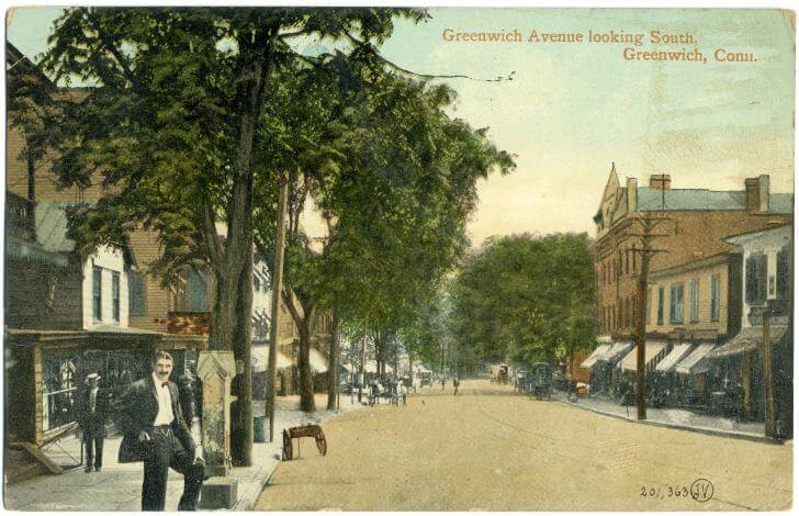 1910 postcard of Greenwich Avenue, a center of history of Greenwich, CT