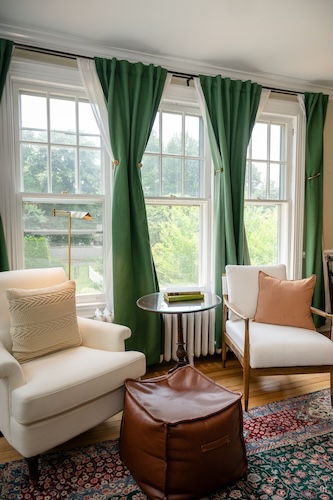 View of the windows in Room 28, seating in front