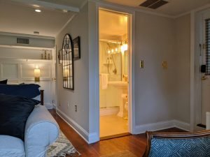 room 1 bathroom from sitting area Queen Bed with Private Entrance: Room 1