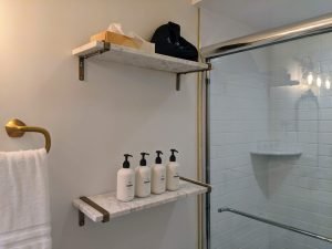 room 2 bathroom shelves Private Entrance, King Bed, Close to Pool: Room 2
