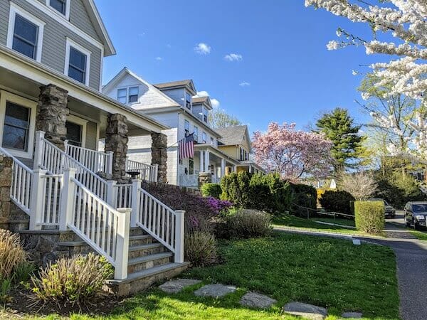 homes along a street in downtown Greenwich