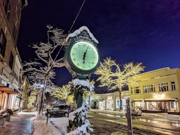 The clock on Greenwich Avenue in the winter