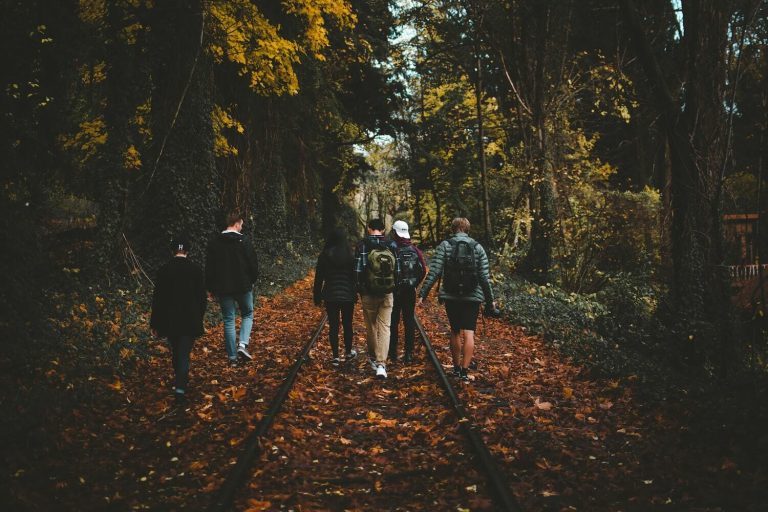 group hiking through fall foliage, a favorite of fall activities in CT