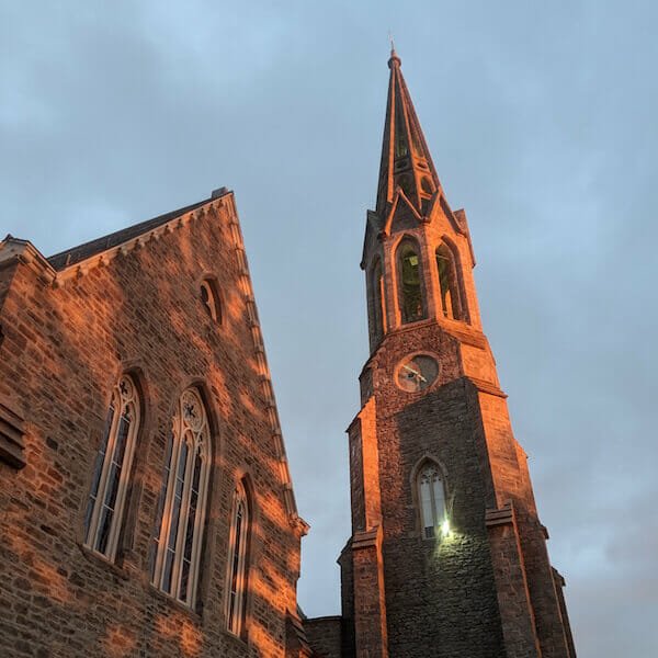 second congregational church in greenwich, ct, at sunset