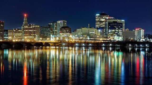 nighttime along the connecticut river in hartford, ct