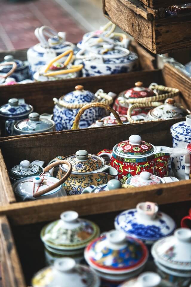 vintage tea pots for sale at one of the flea markets in Connecticut