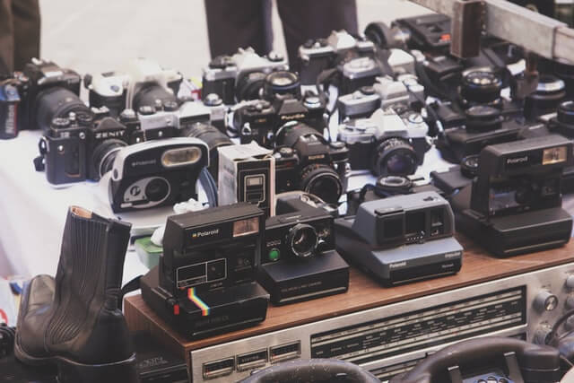 display of vintage cameras for sale