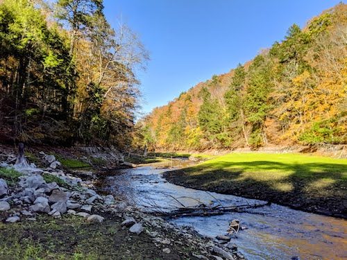 A flat section feeding into the lake that the Mianus River forms below Mianus River Gorge Preserve
