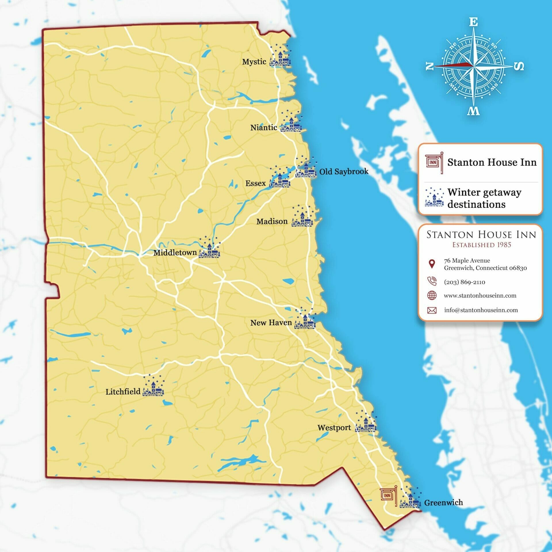 Map of top CT winter getaway spots for a Connecticut winter vacation