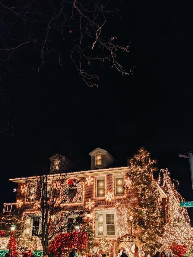Christmas lights in CT on a house and street, a holiday lights spectacular