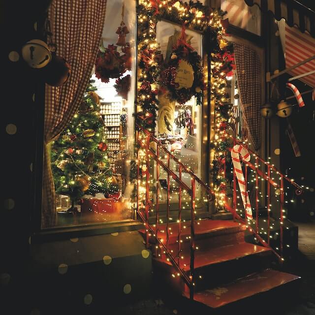 shop festooned with Christmas lights in CT