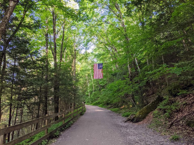 american flag over the pequonnock river trail in trumbull, connecticut