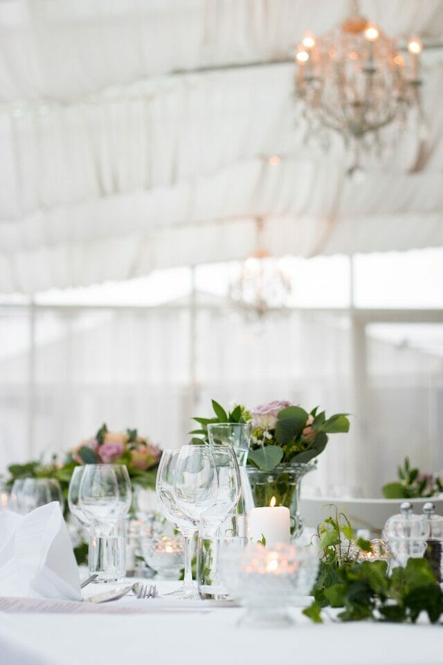 Main dining room with elegant decor for wedding reception