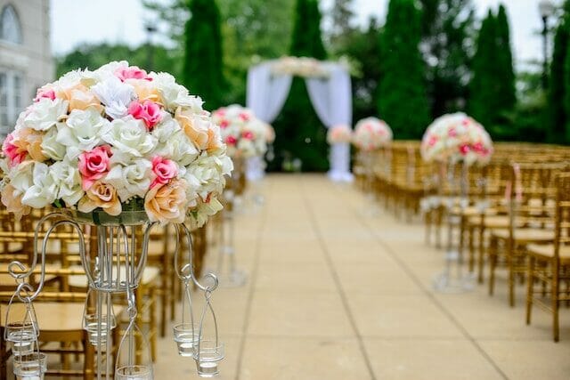 Flowers set up for the ceremony at a wedding venue