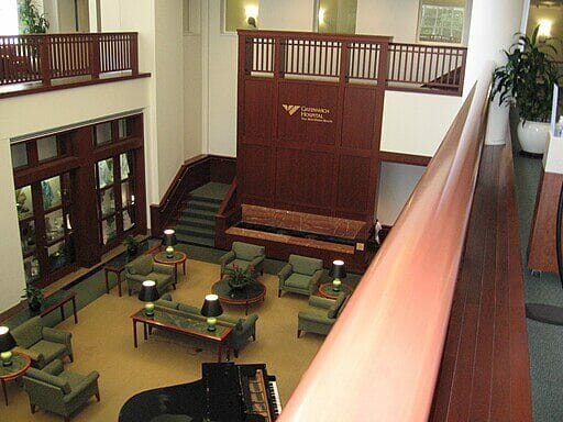 The lobby of Greenwich Hospital, with its signage