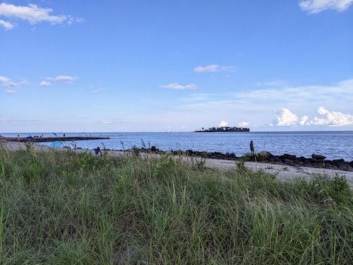 The exposed causeway leading to Charles Island from Silver Sands State Park, close to New Haven
