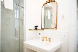 The bathroom of this clawfoot tub hotel suite