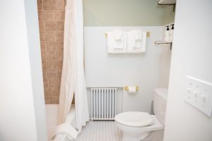 Bathroom tub and shower, plus toilet, in Room 12's bathroom