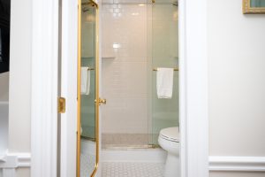 Room 14 bathroom door Private Entrance, Fireplace, King Bed: Room 14