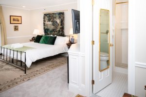 Room 14 bed bath from entrance Private Entrance, Fireplace, King Bed: Room 14