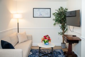 Innkeeper Colin turned an alcove in the room into a cozy TV lounge
