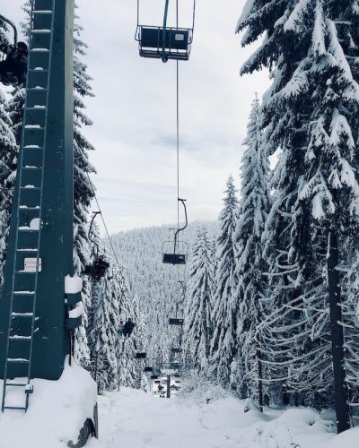 Chair lifts above the winter snow