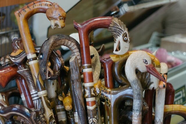 Canes located under one roof in an antiques market