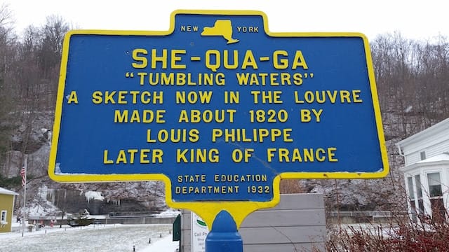 Informational sign for SheQuaGa Falls, the main waterfall in Montour Falls