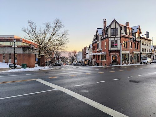 Greenwich Avenue in the charming town of Greenwich, Connecticut, center for fine dining and boutique shopping on romantic getaways in a New England winter