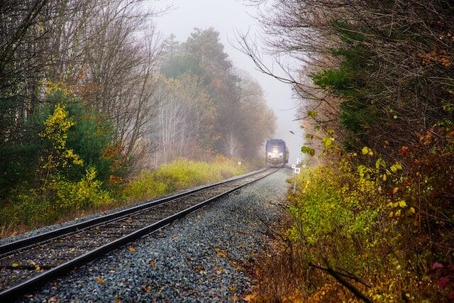 Train along the Ethan Allen Express route near Lake Champlain