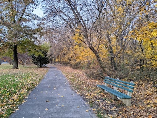 Park bench along the Bronx River Parkway in Scarsdale, NY