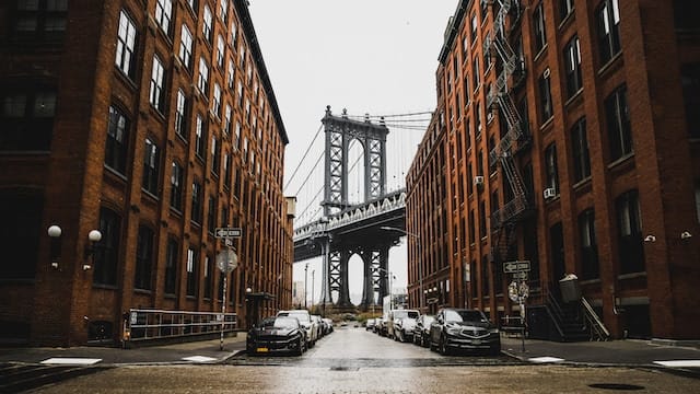 The DUMBO neighborhood, with the iconic Brooklyn bridge in the background