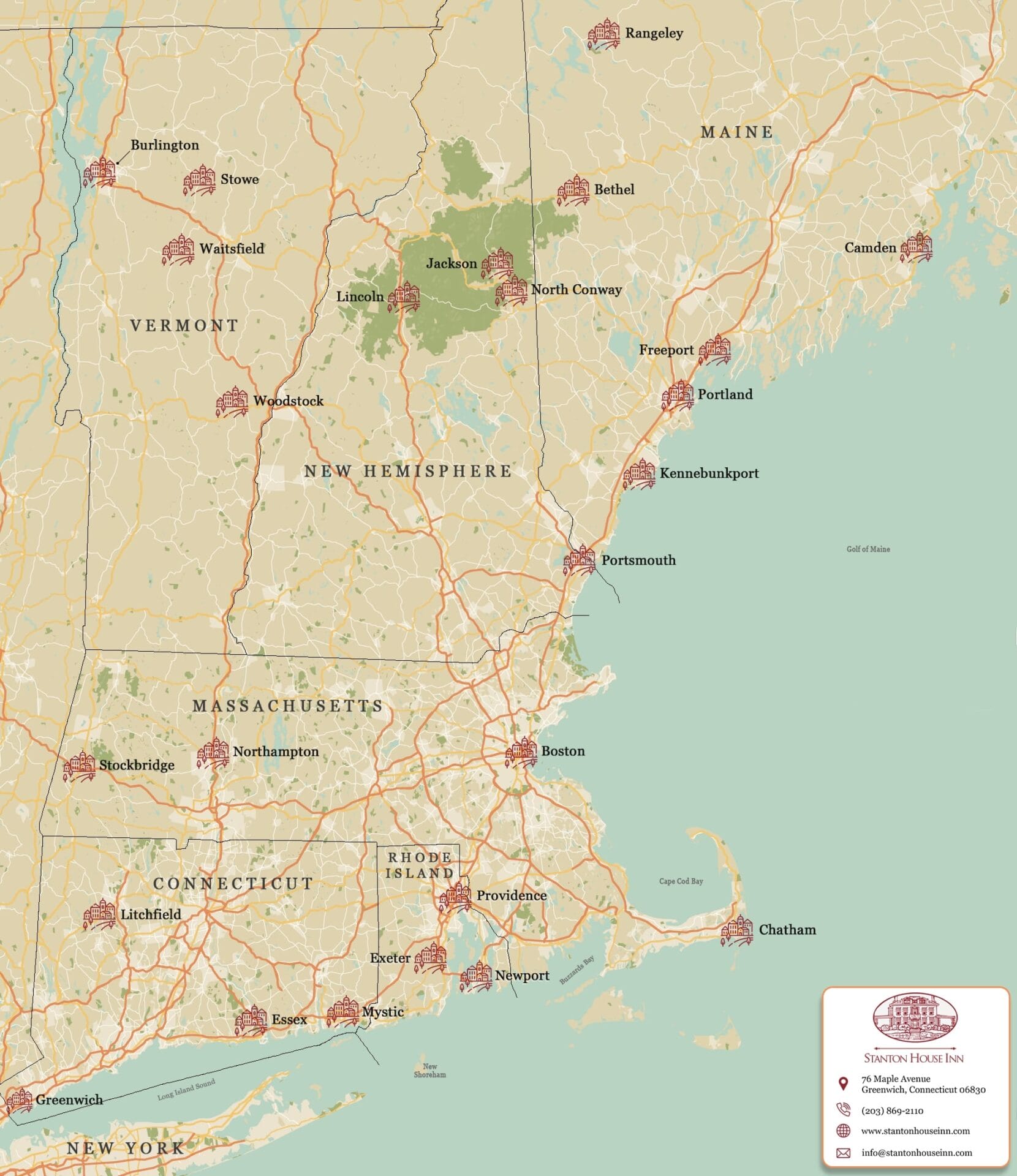Map of the best winter getaways in New England, from Greenwich, Connecticut, to the Camden Snow Bowl in Maine and the White Mountains of New Hampshire