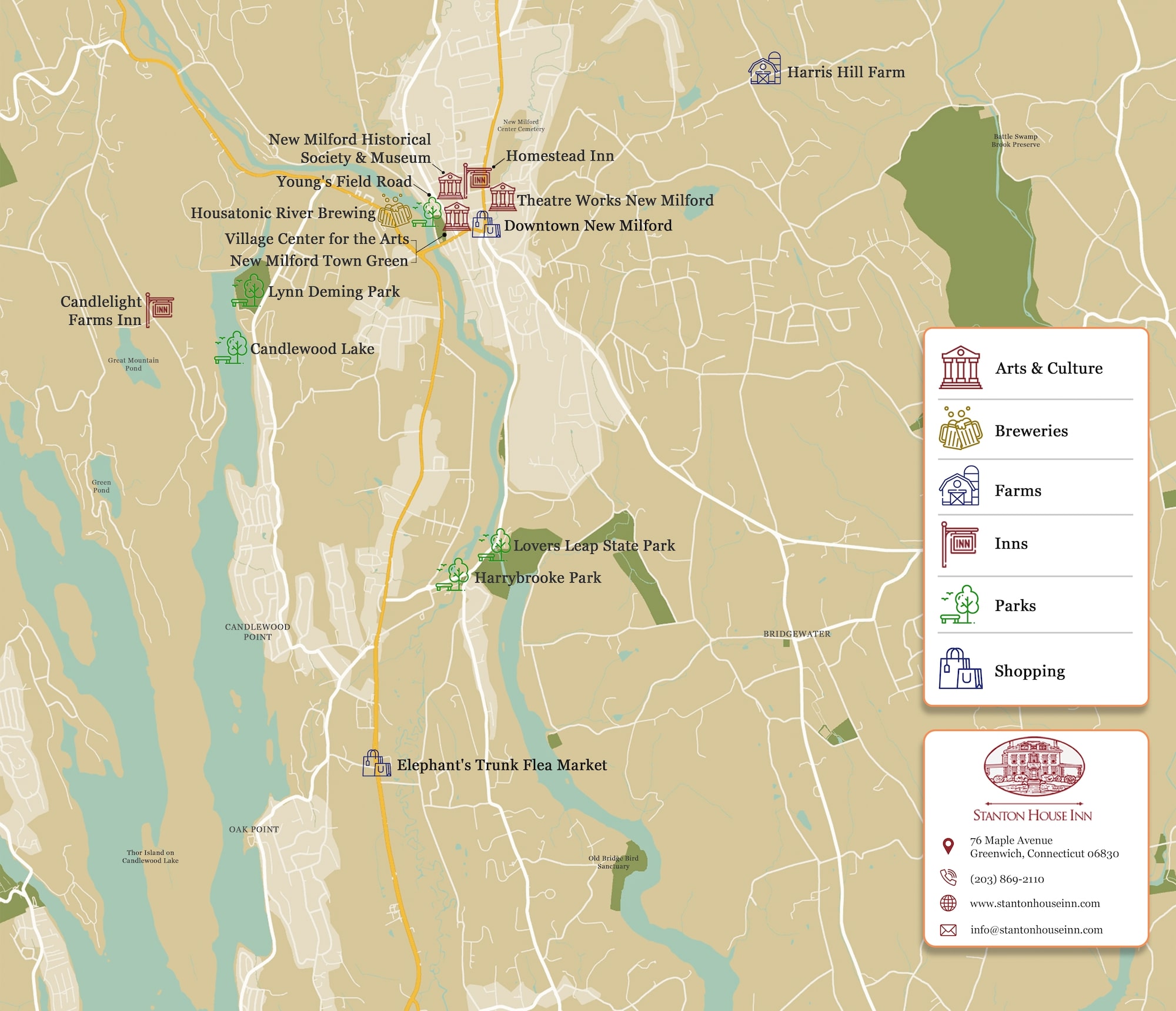 New Milford, CT, map of the top things to do, including Elephant's Trunk Flea Market, the New Milford Historical Society, and Lovers Leap State Park