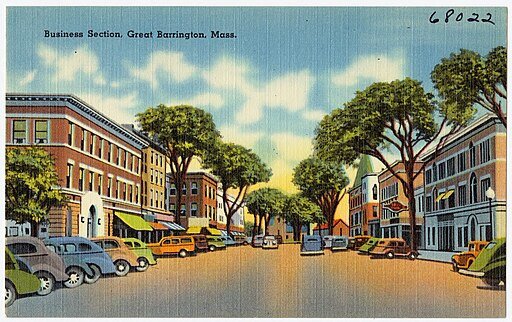 Postcard of the business section of Great Barrington, circa 1930-1945