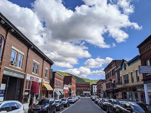 Charming storefronts in downtown Great Barrington with vibrant colors and unique architecture