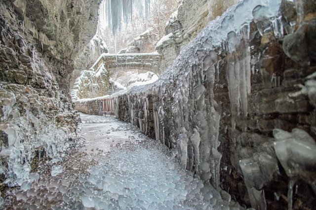 Bridges and icicles at Watkins Glen State Park.