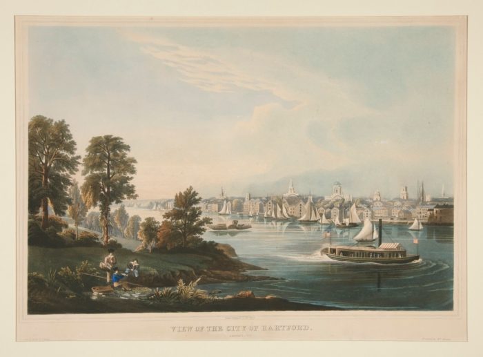 "View of the City of Hartford, Connecticut," aquatint printed in sepia, by the British artist and printer William Havell.