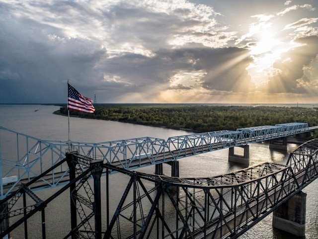 Vicksburg Bridge in Mississippi, looking towards Louisiana across the mighty Mississippi River