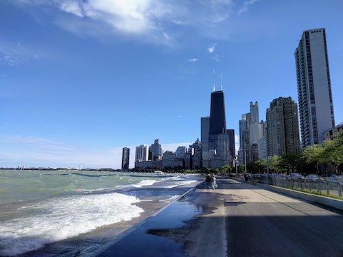 Scenic drive along Chicago's Lake Shore Drive with urban skyline