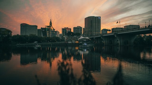 The riverfront of Hartford, CT, at sunset, one of the Connecticut River's largest cities