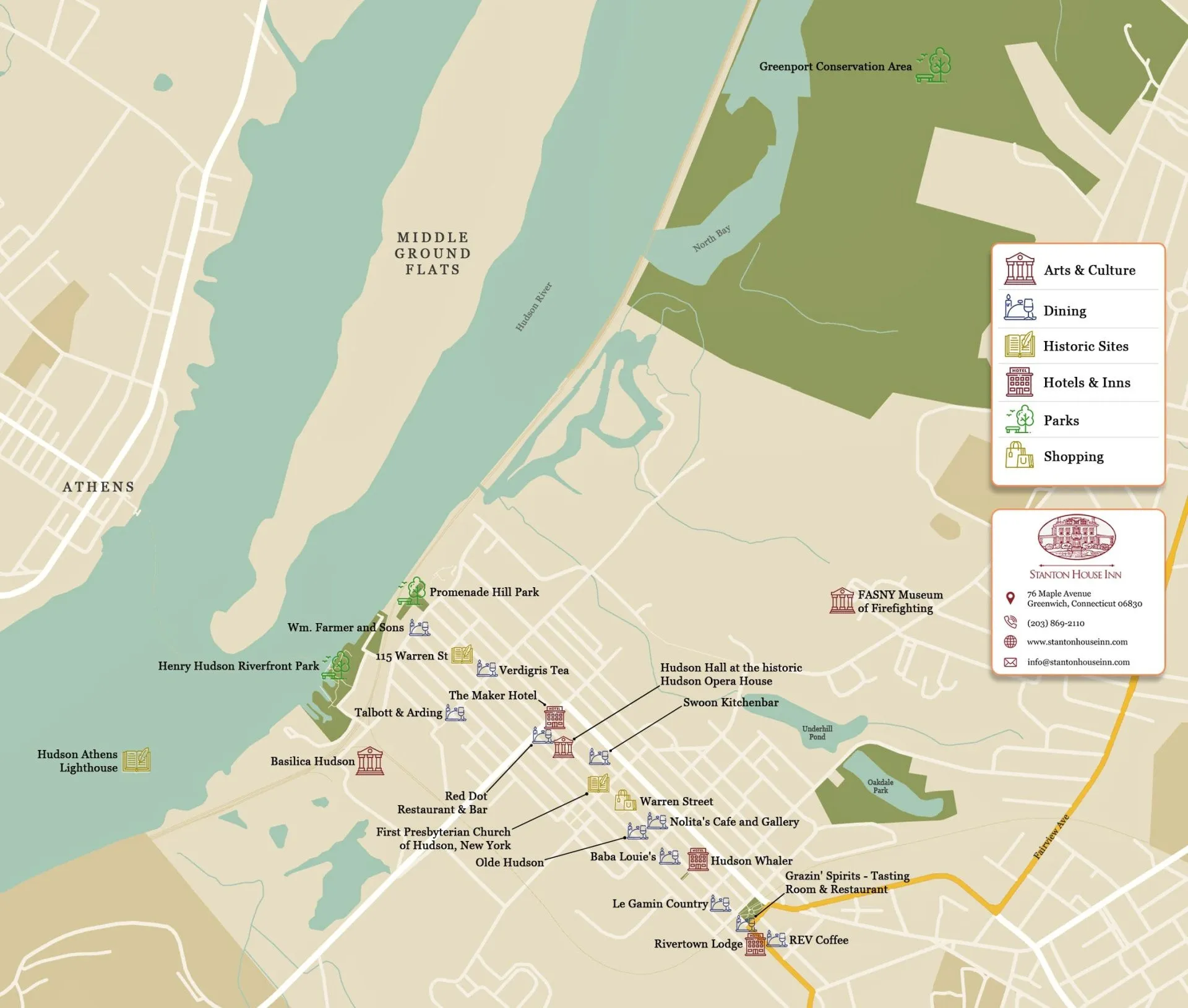 Visitor's guide map to attractions, activities, and the best things to do in Hudson NY