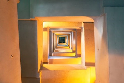 Inside of the Pilgrim Monument in Provincetown, looking up the stairs of the tower