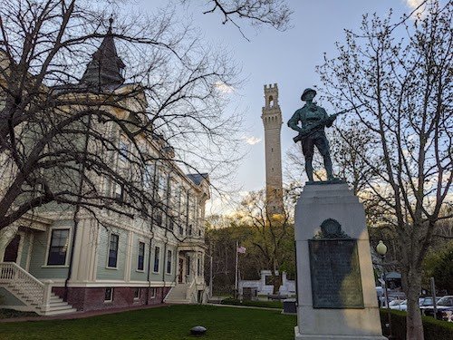 Park around the P-Town town hall, with the Pilgrim Monument in the background