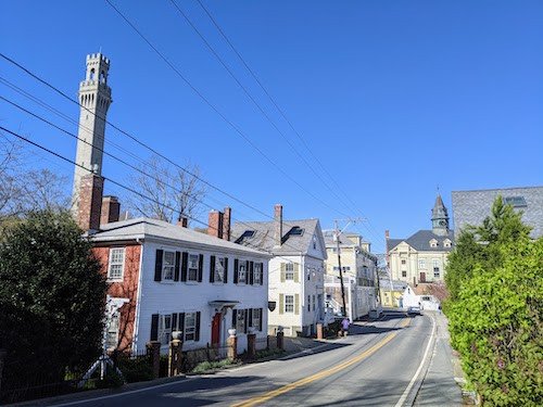 The main drag of P-Town, close to the police department, with the Pilgrim Monument in the background