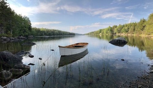 Canoe tied in at a favorite Maine vacation destination, Freeport, ME
