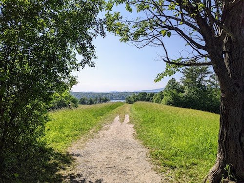 View of the Hudson River and the Catskill Mountains beyond at Poet's Walk Park, near Rhinebeck NY
