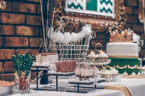 Artistic representation of a delectable brunch menu with mimosas at a bridal shower venue