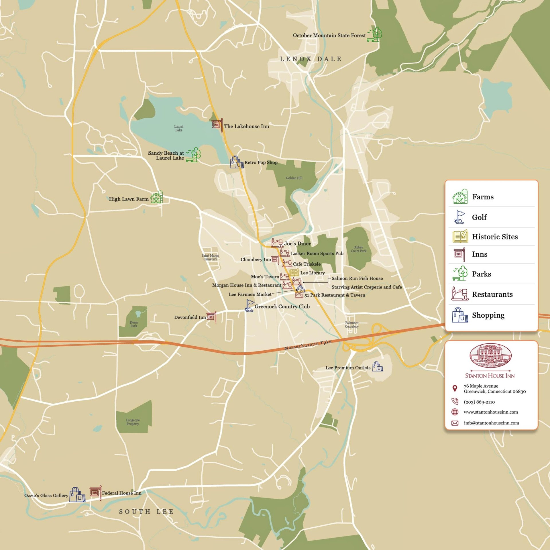 map of attractions, activities, and things to do in Lee MA