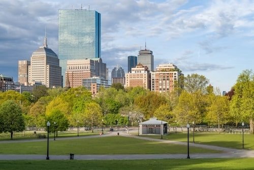 View of Boston's Back Bay from Boston Common in Boston, Massachusetts.